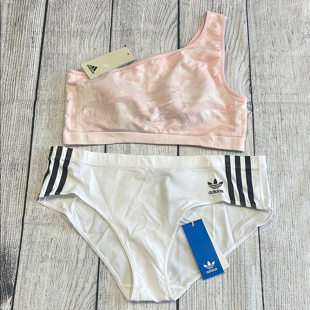 Adidas Sz XL White Hipster Panties & One-Shoulder Pink Textured Bralette Set NWT
